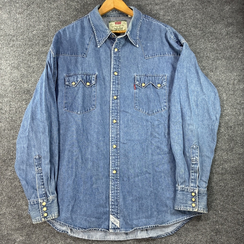 Levis Denim Western Shirt Mens XL Blue Pearl Snaps Rodeo Cowboy Sawtooth Red Tab